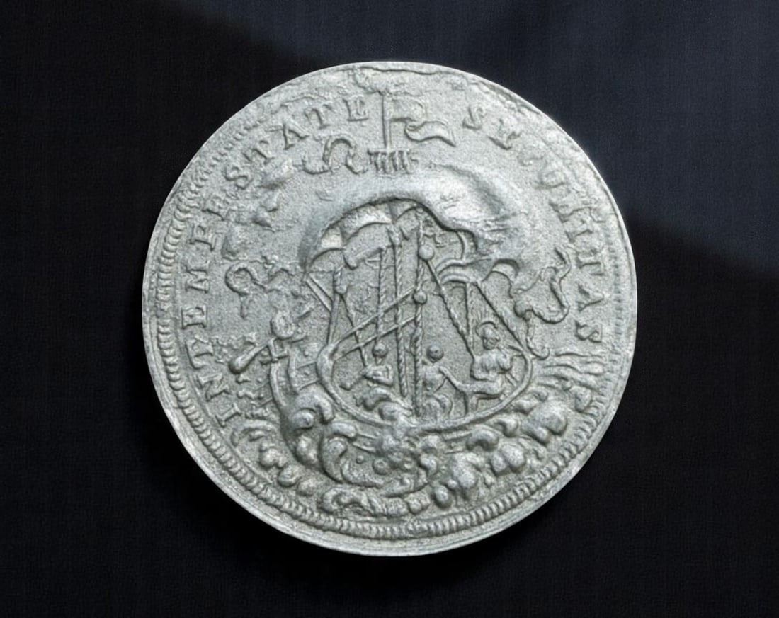 HOLY ROMAN EMPIRE: St. George - Sailor's Protection Taler Jeton, ND (c. XVII Century), 24mm: An evocative 17th-century jeton likely issued in the Holy Roman Empire, this piece features two highly symbolic motifs: on one side, Saint George slaying the dragon beneath the Latin legend S GEORGIUS