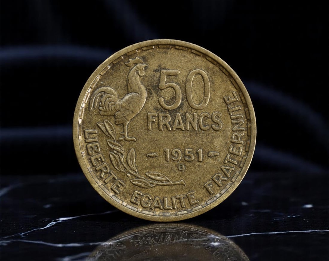 FRANCE: Republican Virtue - Marianne & Gallic Rooster 50 Francs Coin, 1951, 26mm: Issued in the formative years of France's postwar Fourth Republic, this 50 Francs coin eloquently expresses the ideals of national rebirth through two potent republican emblems. The reverse features t