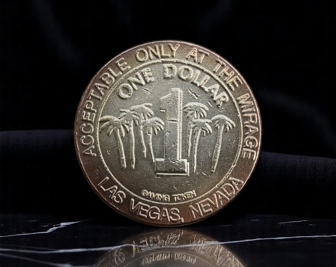 USA: Mirage Casino - Las Vegas Gaming Dollar Token, circa 1990s, 36mm: Issued during the golden era of themed megaresorts, this USD1 gaming token from The Mirage in Las Vegas encapsulates a time when casino culture embraced fantasy and spectacle. The palm-tree motif and 