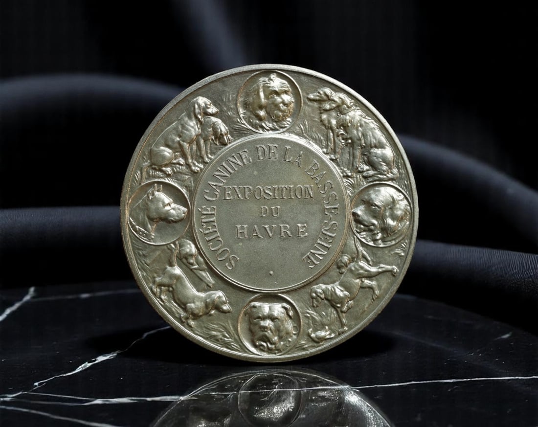FRANCE: Canine Excellence - Societe Canine de la Basse-Seine Dog Show Medal, Le Havre, c.1910s, 50mm: Celebrating pedigree, discipline, and regional pride, this silvered bronze medal was awarded by the Societe Canine de la Basse-Seine during a prestigious dog exposition in the port city of Le Havre. T