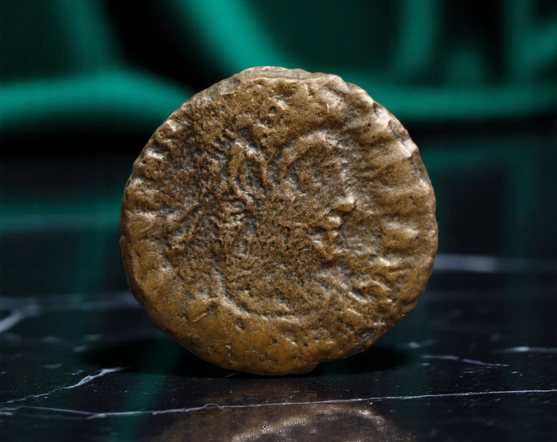 ROMAN EMPIRE: Ancient AE Coin Bronze Issue, 15mm: Issued during one of the most transformative epochs of the Roman Empire, this bronze coin embodies the endurance and adaptability of Roman statecraft across centuries. Its compact flan and timeworn su