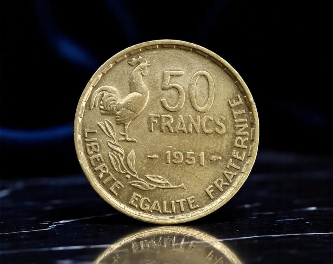 FRANCE: Republican Virtue - Marianne & Gallic Rooster 50 Francs Coin, 1951, 26mm: Issued in the formative years of France's postwar Fourth Republic, this 50 Francs coin eloquently expresses the ideals of national rebirth through two potent republican emblems. The reverse features t