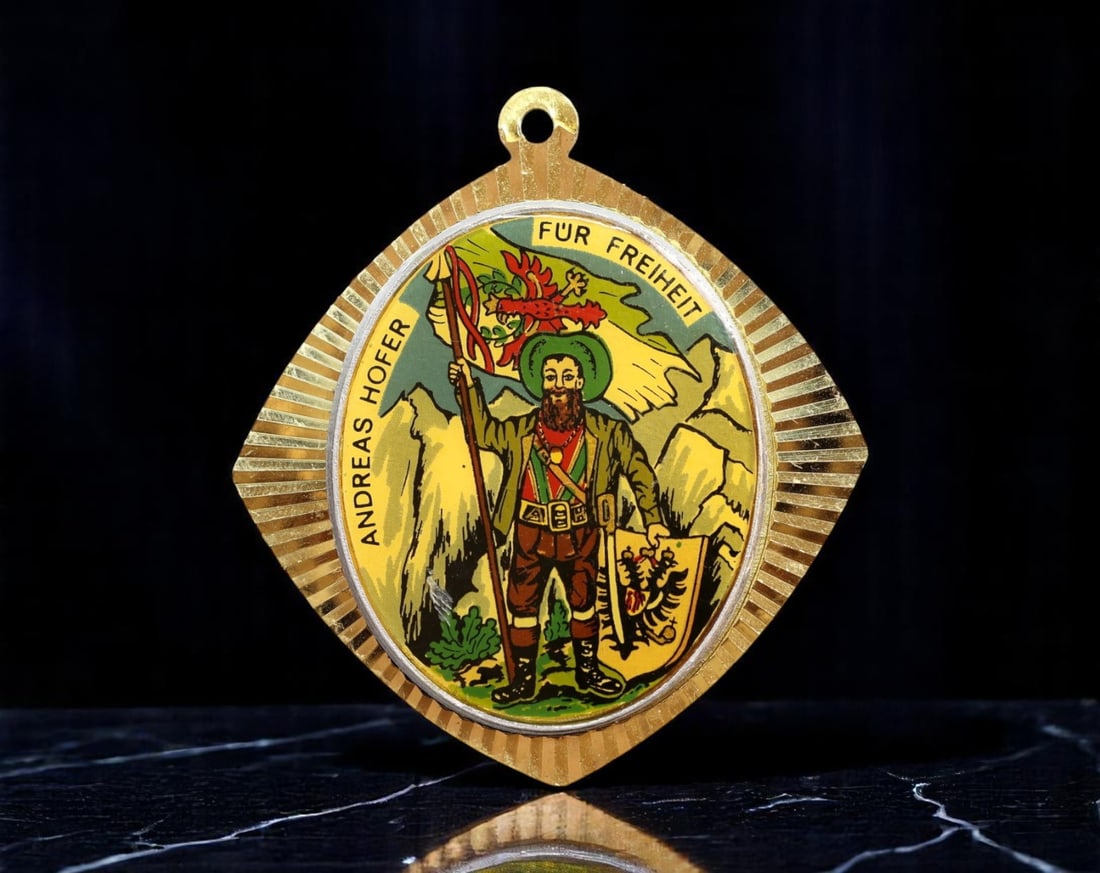AUSTRIA/TYROL: Andreas Hofer - Patriot's Resistance Commemorative Enamel Plaque, ca. 1960s, 64mm: Radiating Alpine nationalism and popular resistance, this vividly enameled 64mm plaque commemorates Andreas Hofer, the Tyrolean patriot who led the 1809 uprising against Napoleonic and Bavarian occupa