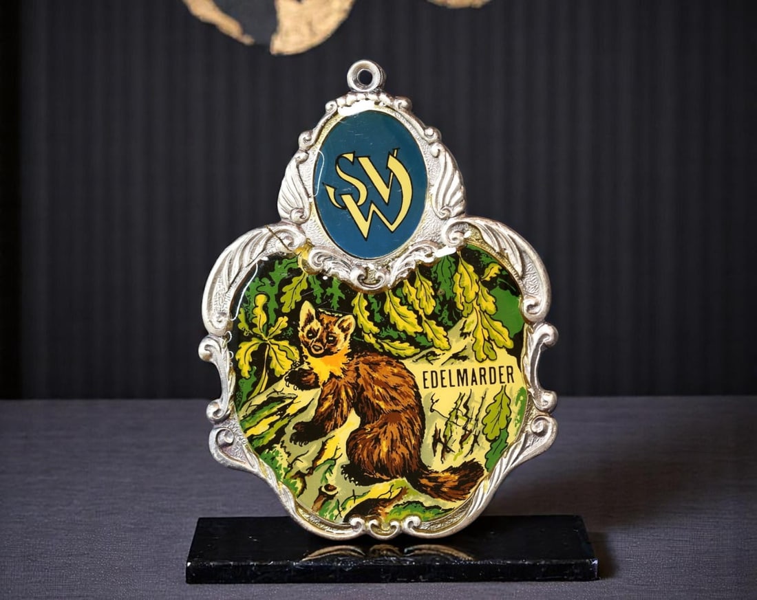GERMANY: Forest Heritage - EdelMarder Wildlife Enamel Plaque Badge, ca. 1960s, 65mm (1 of 2)