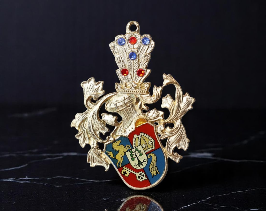 GERMANY: Heraldic Prestige Gilded Enamel Civic Arms Plaque with Crown Crest, Mid 20th Century, 70mm (1 of 2)