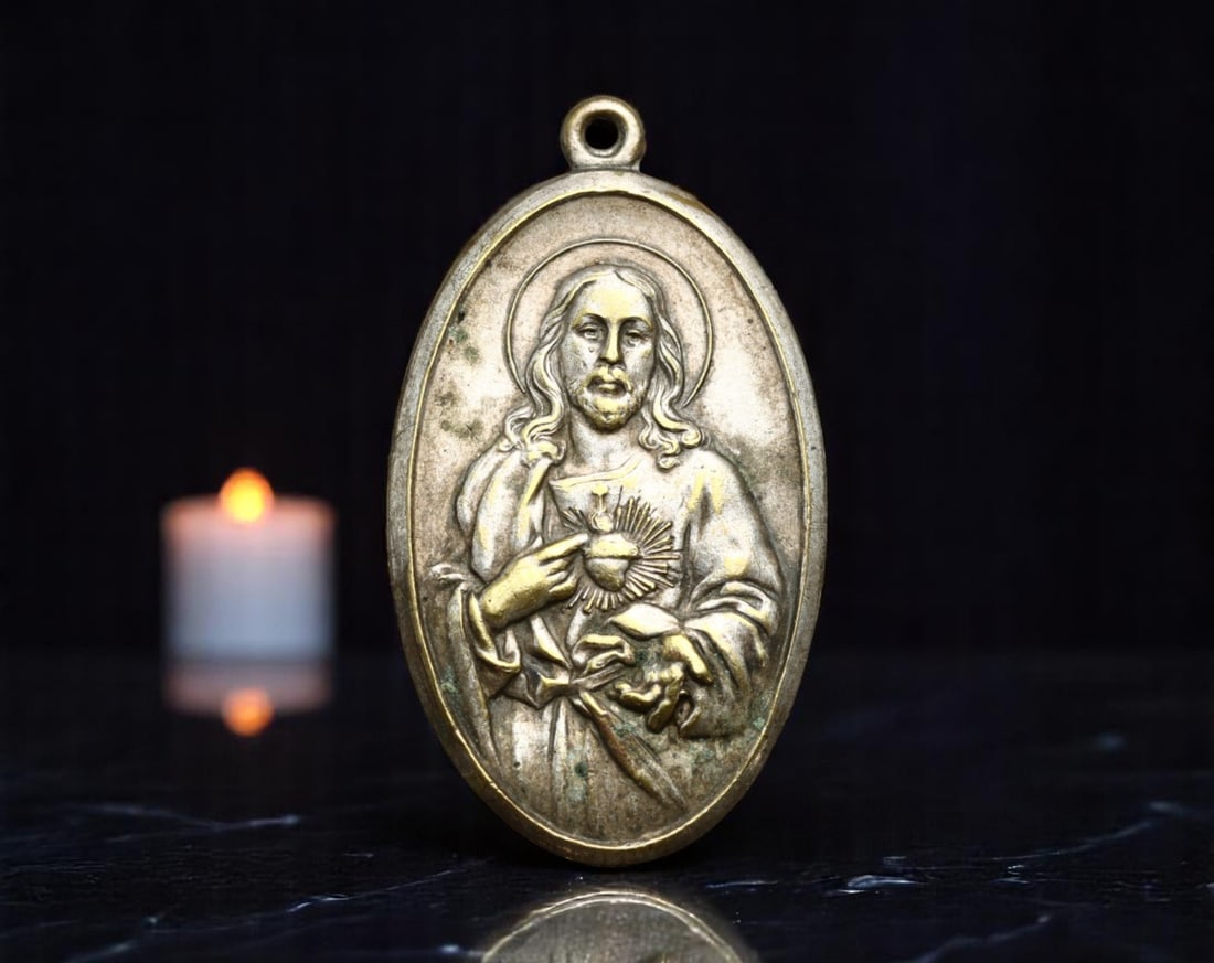 ITALY: Dual Devotion - Sacred Heart of Jesus & Our Lady of Mount Carmel Medal, c.1940s-50s, 37mm: Struck in silvered brass with gentle gilded highlights, this 37mm devotional medal features two of the most powerful icons of Catholic spirituality. One side presents the Sacred Heart of Jesus, radiat