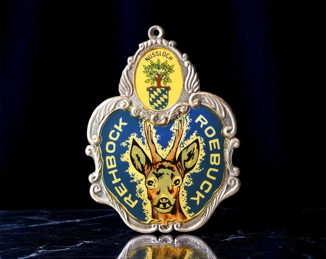 GERMANY: Bavarian Wildlife - Rehbock Roebuck Enamel Plaque Badge, Nussloch, ca. 1960s, 65mm (1 of 2)