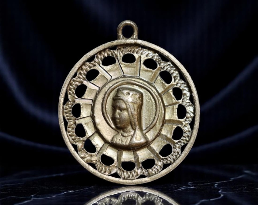 SPAIN/CATALONIA: Virgin of Montserrat - Devotional Pilgrimage Medal Coin, c.1950s, 20mm: Emanating from the sacred heights of Catalonia's Montserrat Monastery, this openwork devotional medal pays homage to La Moreneta-the Black Madonna of Montserrat, venerated for centuries as a spiritual