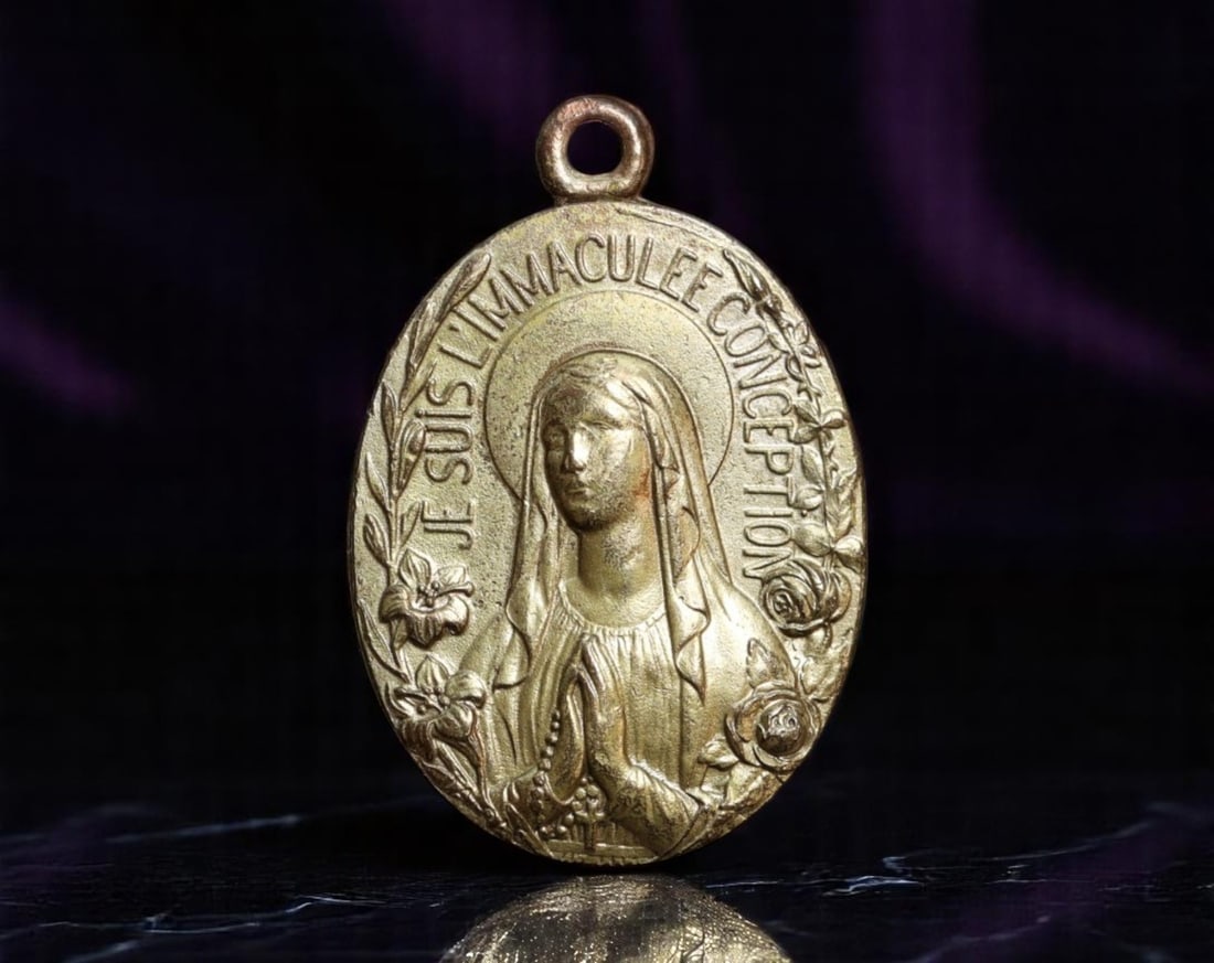FRANCE: Lourdes Apparition - Immaculate Conception Pilgrimage Medal Coin, c.1930s, 24mm: This radiant devotional medal honors one of the most revered Marian apparitions in Catholic history-Our Lady of Lourdes, who appeared to Bernadette Soubirous in 1858. On one side, the serene visage of