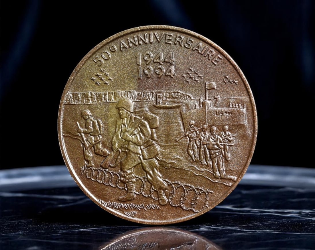 FRANCE: Allied Victory - D-Day 50th Anniversary Commemorative Medal, 1994, 28mm: Issued to commemorate the fiftieth anniversary of the Normandy landings, this medal captures one of the most defining moments of the 20th century-the Allied assault on Nazi-occupied France. The obvers