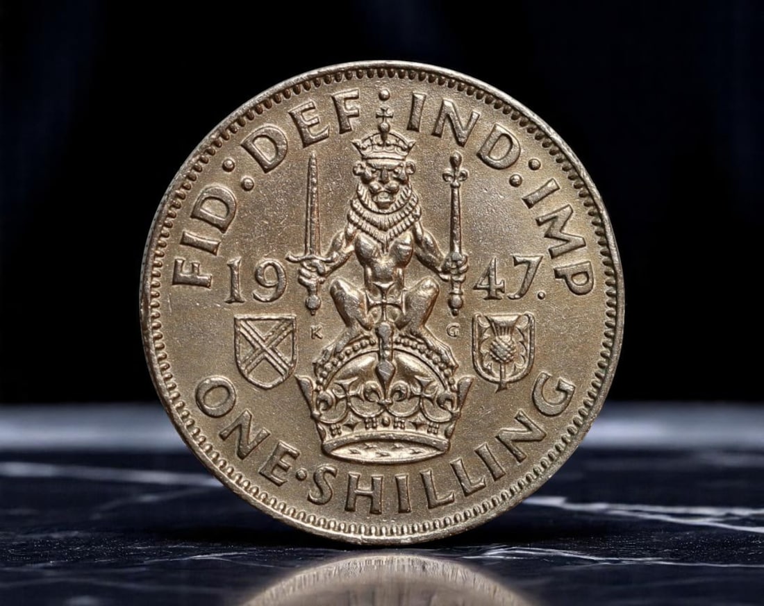 UNITED KINGDOM: Imperial Identity - King George VI Scottish Reverse One Shilling Coin, 1947, 24mm: Struck in the aftermath of World War II, this 1947 One Shilling coin reflects a nation asserting its continuity through imperial symbolism. The reverse features the crowned lion rampant seated upon th