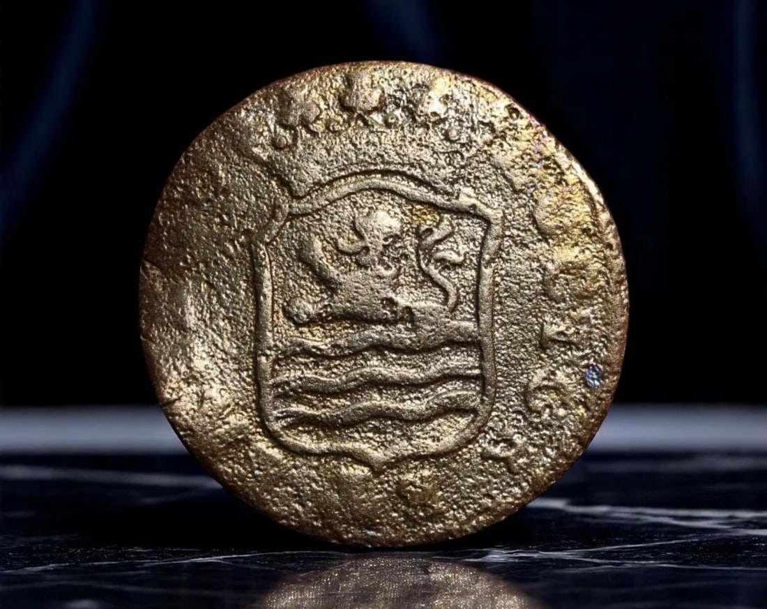 NETHERLANDS/ZEELAND: Batavian Republic - Provincial Sovereignty Duit Coin, 1797, 22mm: Issued during the short-lived Batavian Republic, this 1797 copper Duit reflects a pivotal moment in Dutch republicanism and regional identity. The crowned arms of Zeeland-featuring a lion rising defia
