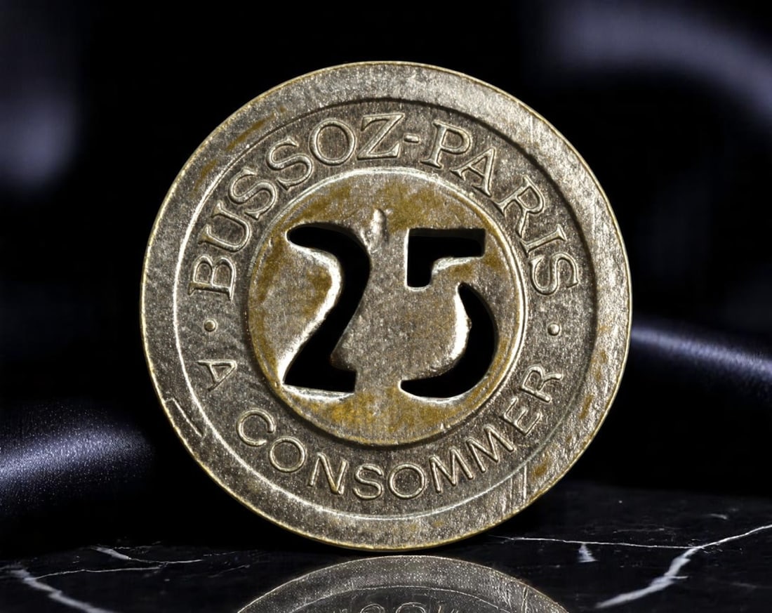 FRANCE: Industrial Cafe Token - Bussoz Paris "A Consommer" 25 Unit Token, ND, 19mm: A curious artifact of France's cafe-driven consumer culture, this 25-unit token issued by Bussoz - Paris offers a glimpse into the mechanics of private exchange systems in bustling urban centers. Like
