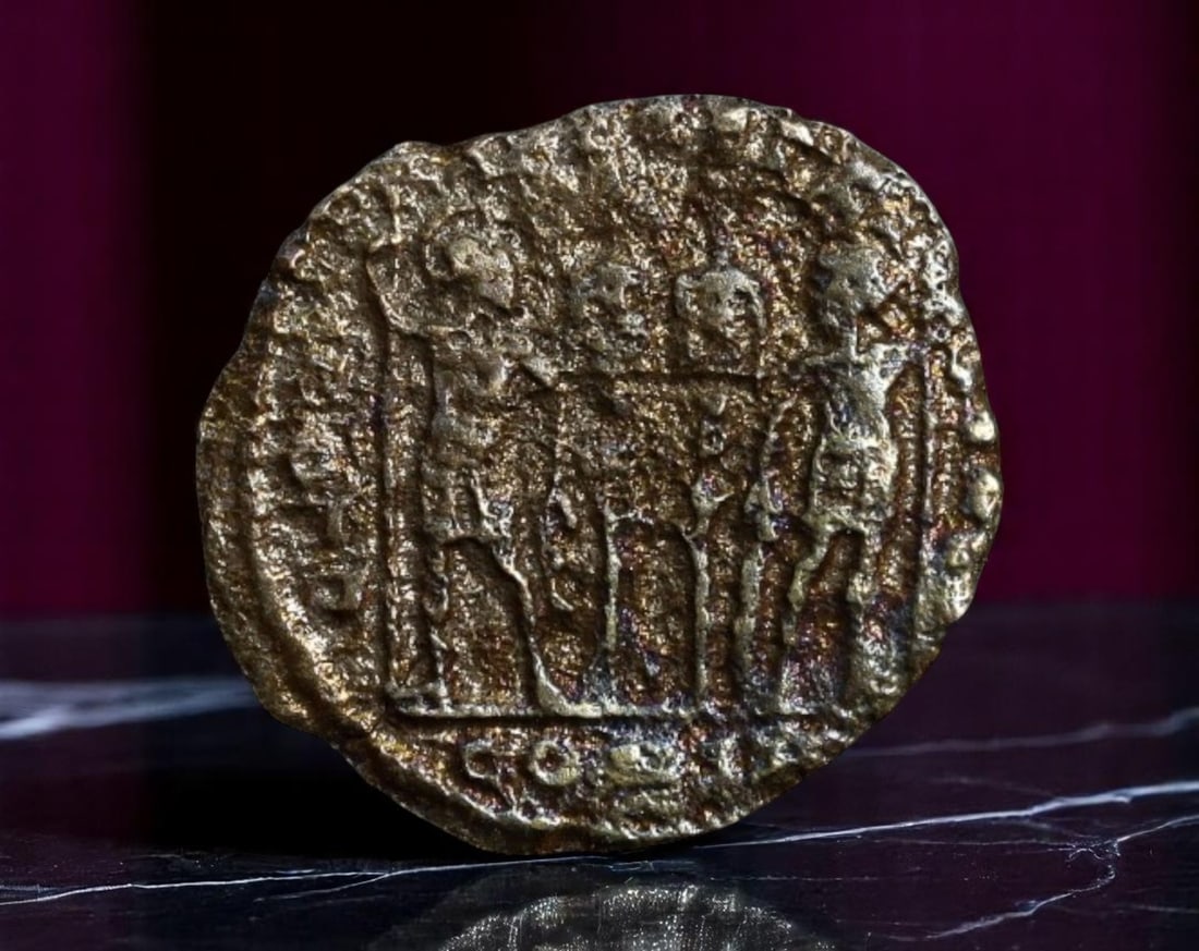 ROMAN EMPIRE: Ancient AE Coin Bronze Issue, 18mm: Issued during one of the most transformative epochs of the Roman Empire, this bronze coin embodies the endurance and adaptability of Roman statecraft across centuries. Its compact flan and timeworn su