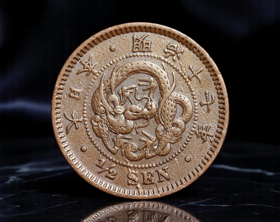 JAPAN/MEIJI ERA: Imperial Dragon - Meiji 17 Half Sen Coin, 1884, 22mm: A vivid artifact of Japan's early modern monetary reforms, this 1884 Half Sen coin from the Meiji 17 series boldly asserts the symbolism of national rebirth through the coiling imperial dragon-an embl