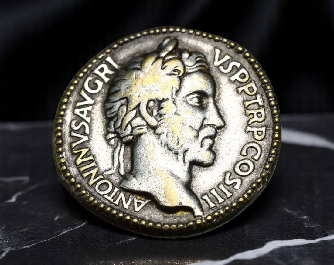 MODERN FANTASY: Rome-Inspired - Antoninus Pius Tribute Clasp Medal, Contemporary, 28mm: This modern piece pays homage to ancient Roman imperial portraiture through a stylized depiction of Emperor Antoninus Pius, cast in a format resembling classical denarii. Surrounding the laureate prof