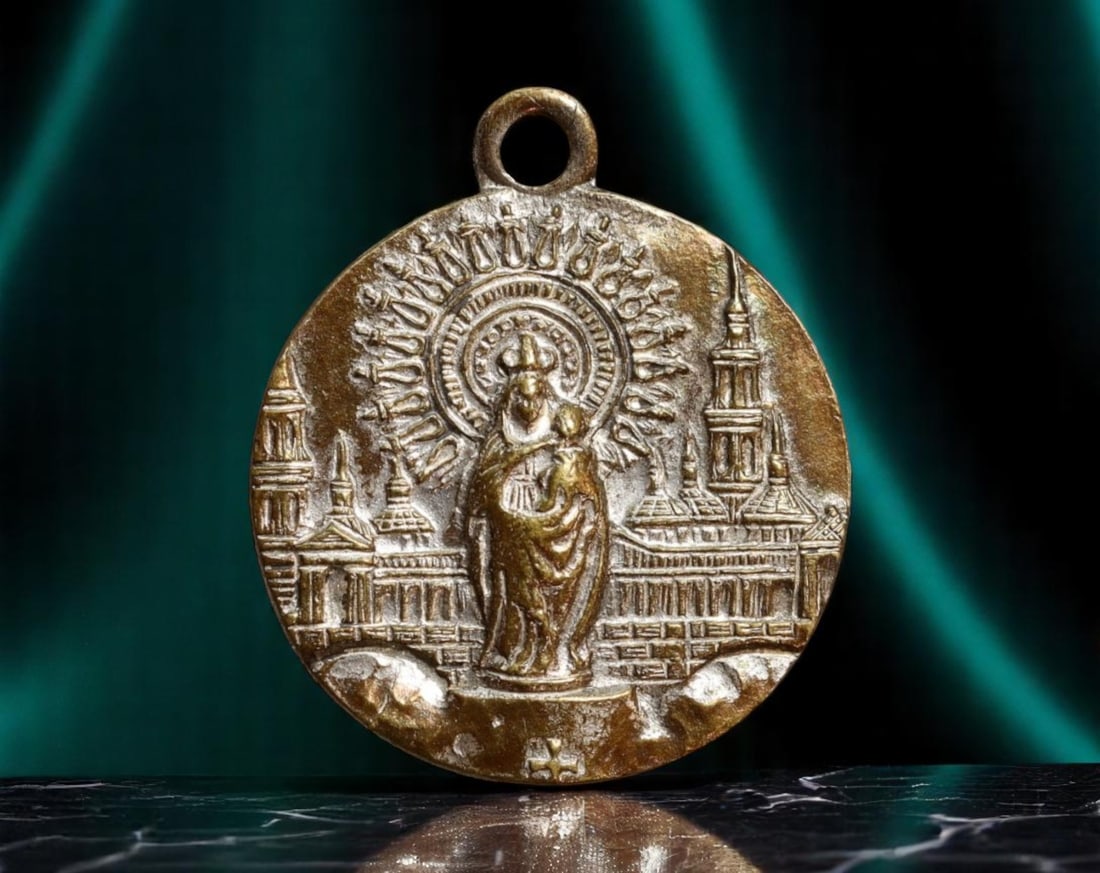 SPAIN: Virgen del Pilar - Marian Devotional Medal of Zaragoza, ca. Early 20th Century, 16mm: This finely detailed miniature medal honors Nuestra Senora del Pilar, patroness of Spain and the Hispanic world, whose legendary apparition to St. James on a pillar at Zaragoza marks one of the earlie