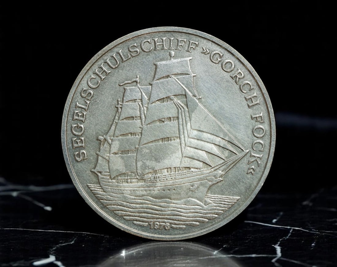 GERMANY: Segelschulschiff Gorch Fock - Seafaring Tribute Token, 1976 (38mm): Issued in 1976, this 38mm maritime token honors the Gorch Fock, the famed German Navy sail training ship launched in 1958 and named after the patriotic poet Johann Kinau. The obverse presents the thre