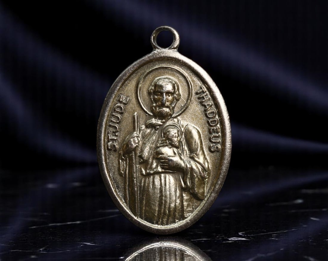 ITALY: St. Jude Thaddeus - Patron of Lost Causes Devotional Medal, c.1950s, 25mm: Cast in humble devotion during a period of postwar Catholic resurgence, this mid-century Italian medal honors St. Jude Thaddeus, revered as the patron saint of desperate cases and impossible causes. H