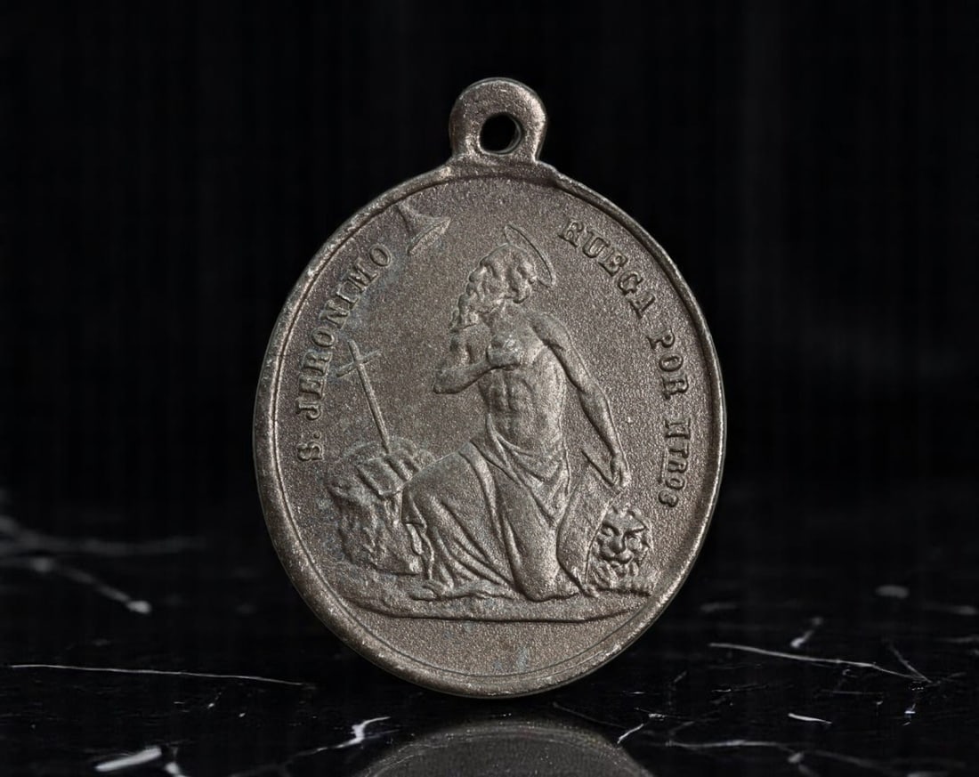 MEXICO: Saint Jerome and Our Lady of Guadalupe - Dual Devotion Religious Medal, 19th Century, 26mm: Struck in evocative relief, this devotional medal bridges two pillars of Catholic reverence: the scholarly asceticism of Saint Jerome and the maternal grace of Our Lady of Guadalupe. One face features