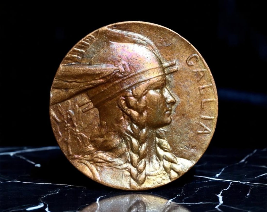 FRANCE: National Allegory - 'Gallia' Gallic Warrior Medal, c.1900s, 18mm: This compact yet striking 18mm medal captures the resolute spirit of France through the neoclassical personification of Gallia-a braided warrior maiden donning a crested helmet. Evoking both Roman mil