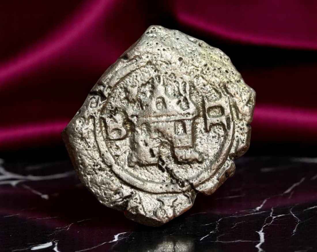 SPAIN: Philip IV - Copper 2 Maravedis Coin, 1624 Burgos Mint (16x13mm): Struck at the Burgos Mint in 1624 under the reign of Philip IV, this compact copper 2 Maravedis coin displays the iconic castle motif on the obverse, flanked by the mintmark 'B' and the denomination '