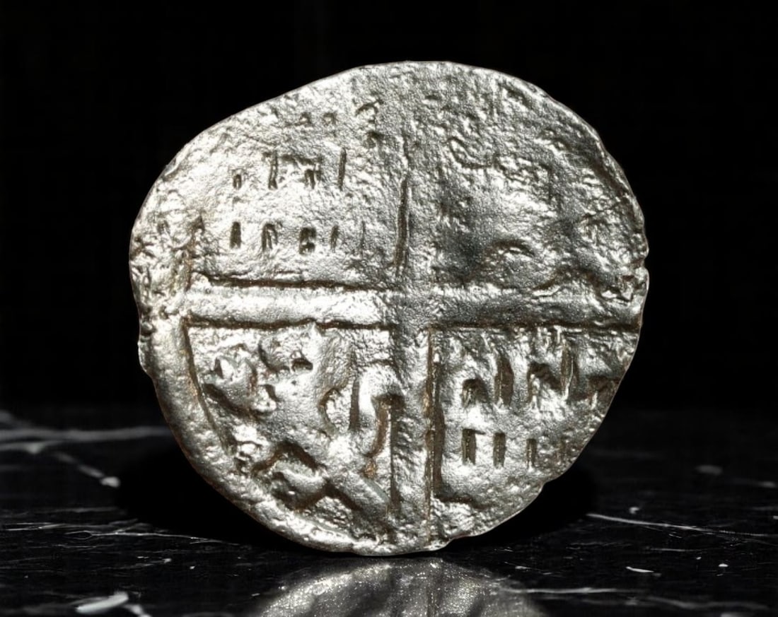 MEDIEVAL CASTILIAN: Dinero de las 6 Lineas Coin - Alfonso X, ca. 1252-1284 (16mm): A hammered silver dinero attributed to Alfonso X, with a well-preserved quadripartite shield on the obverse-each quadrant bearing the lion and castle motifs representing Le?n and Castile. The reverse 