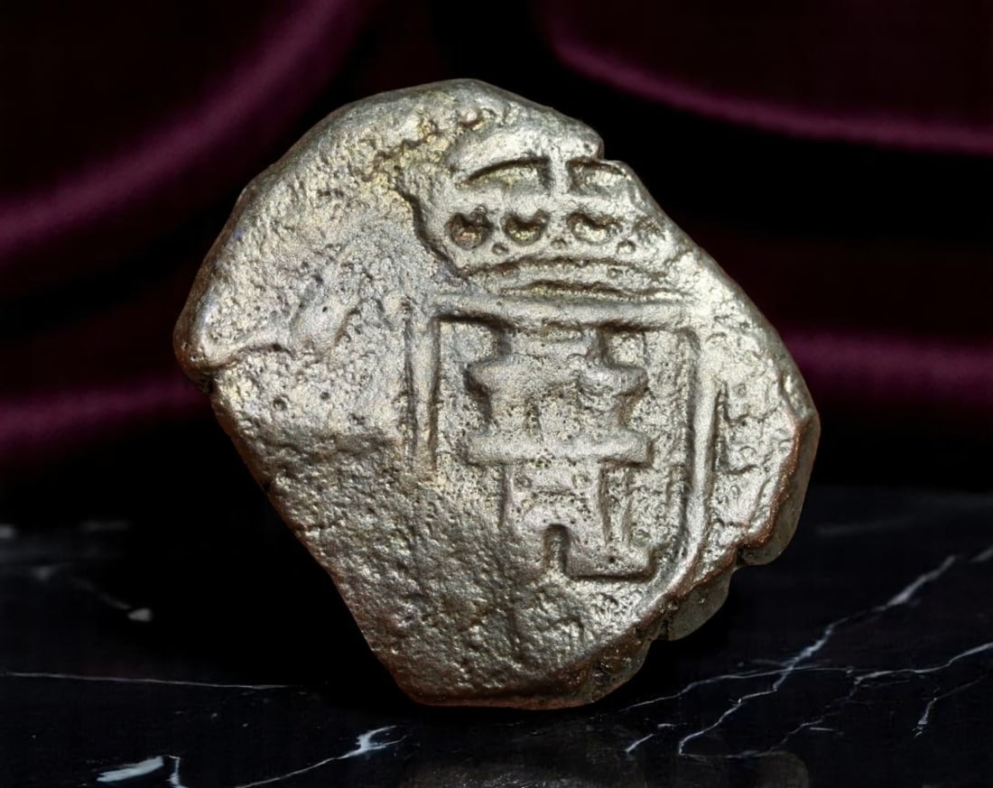 SPAIN: Carlos II - Copper 2 Maravedis Coin, ca. 1695 C Coruna Mint (22x18mm): Struck at the Coruna Mint under the reign of Carlos II, this copper 2 Maravedis coin is a classic late Habsburg issue with crude yet bold devices. The obverse depicts a crowned castle symbolizing Cast