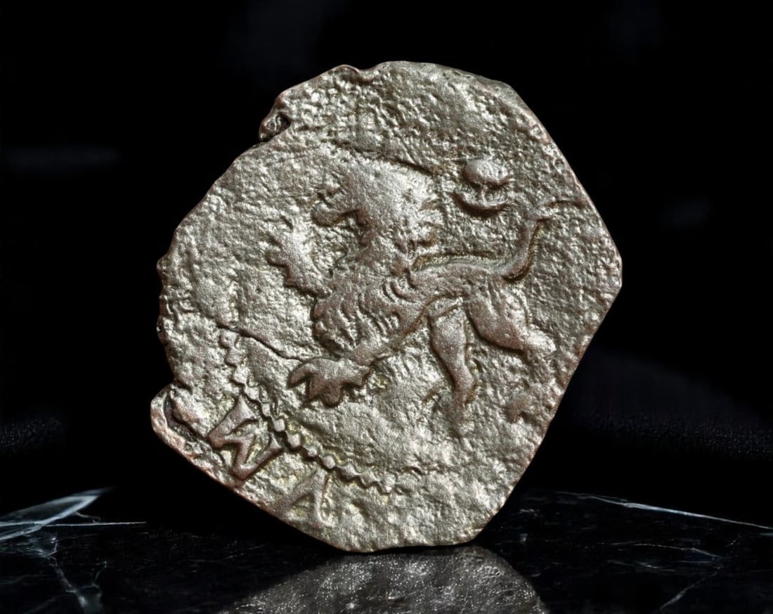 SPAIN: Philip III - Copper 2 Maravedis Coin, Granada Mint, c.1600s (21x19mm): Issued under Philip III during the early 1600s, this copper 2 Maravedis coin from the Granada Mint shows a bold lion rampant left on one side and a triple-towered castle on the reverse, each within a 