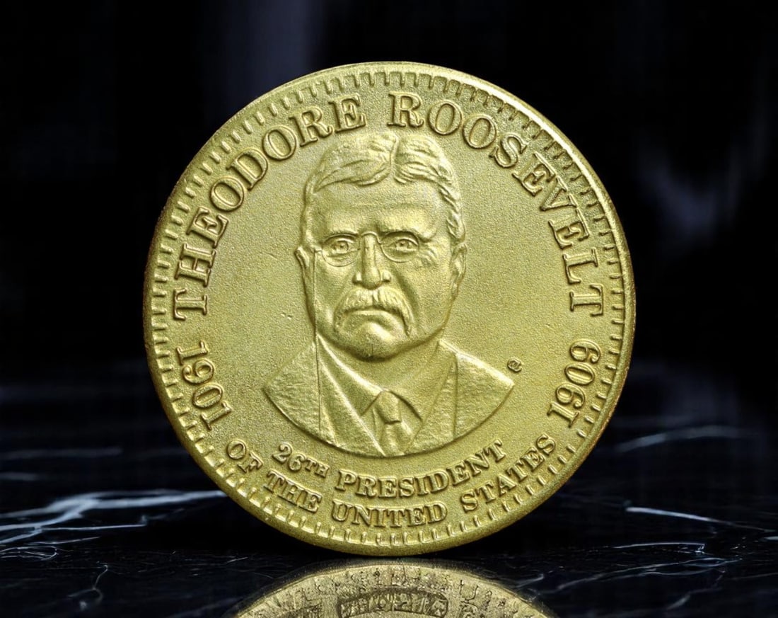 UNITED STATES: President Theodore Roosevelt - 26th Presidency Commemorative Coin, 1901-1909 (32mm): This boldly cast 32mm commemorative coin honors Theodore Roosevelt, the 26th President of the United States and one of the most dynamic figures in American political history. Featuring a resolute port