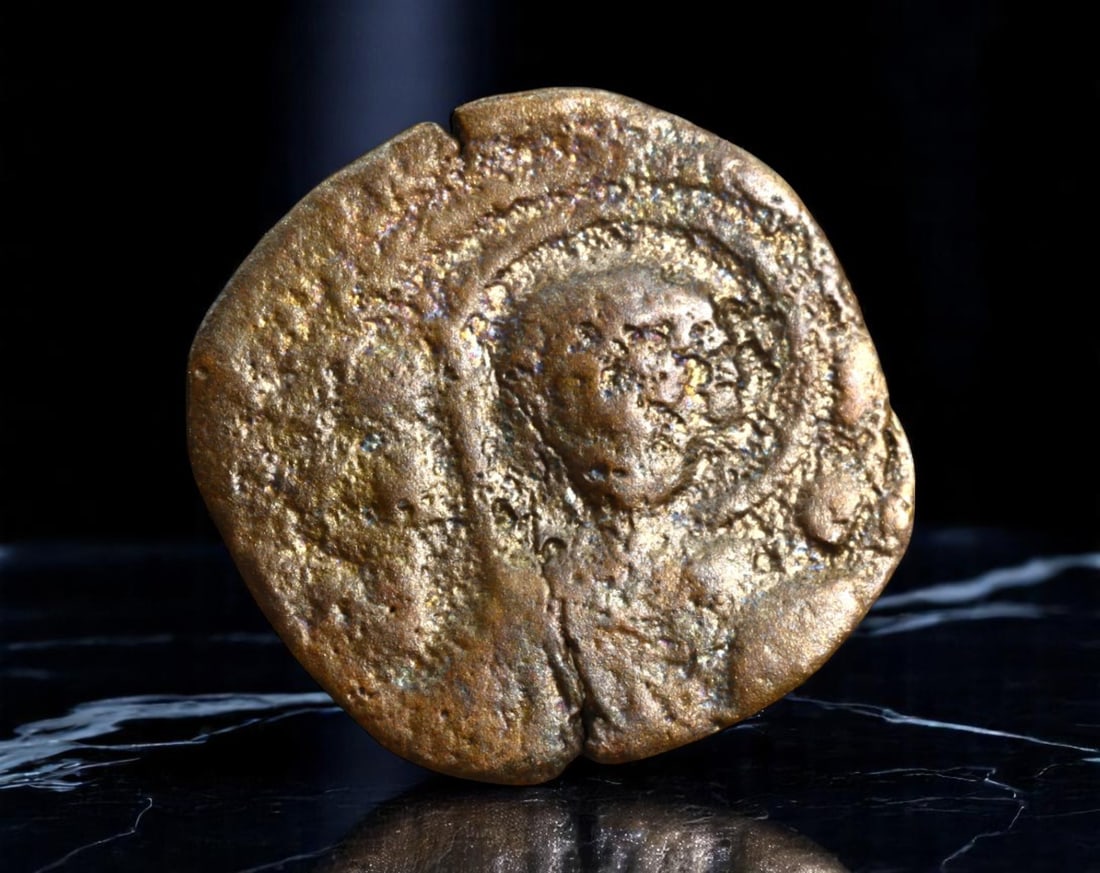 BYZANTINE EMPIRE: Christ Pantokrator - Devotional Copper Follis Coin, c.11th Century, 18mm: This compact copper follis presents a solemn image of Christ Pantokrator, frontal and haloed, clutching the Gospels in one hand while bestowing blessing with the other-a deeply rooted motif in Byzanti