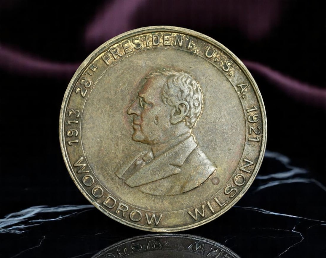 UNITED STATES: Woodrow Wilson - Bronze Presidential Medal, 1913-1921 (25mm): This 25mm bronze medal honors Woodrow Wilson, the 28th President of the United States, noted for his scholarly intellect and transformative leadership during a pivotal era in global and domestic affai