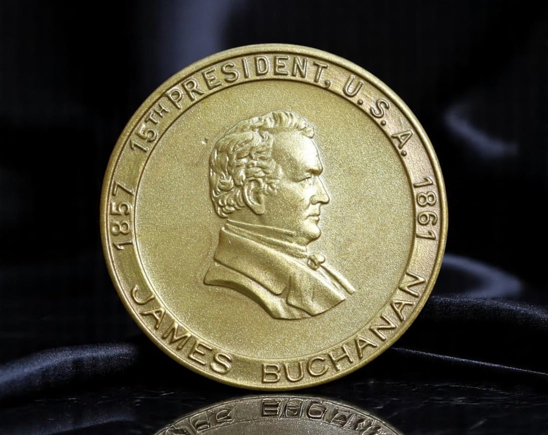 UNITED STATES: James Buchanan - Bronze Presidential Medal, 1857-1861 (26mm): This 26mm bronze medal commemorates James Buchanan, the 15th President of the United States, remembered as the last president before the onset of the Civil War. The obverse depicts a sharp left-facing