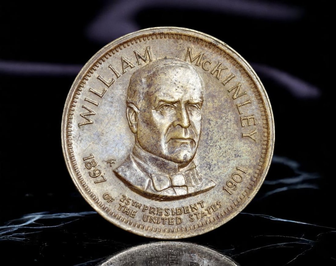 UNITED STATES: William McKinley - Bronze Presidential Medal, 1897-1901 (26mm): This 26mm bronze medal honors William McKinley, the 25th President of the United States, under whose leadership America emerged as a global power. The obverse features a stern, right-facing bust of Mc