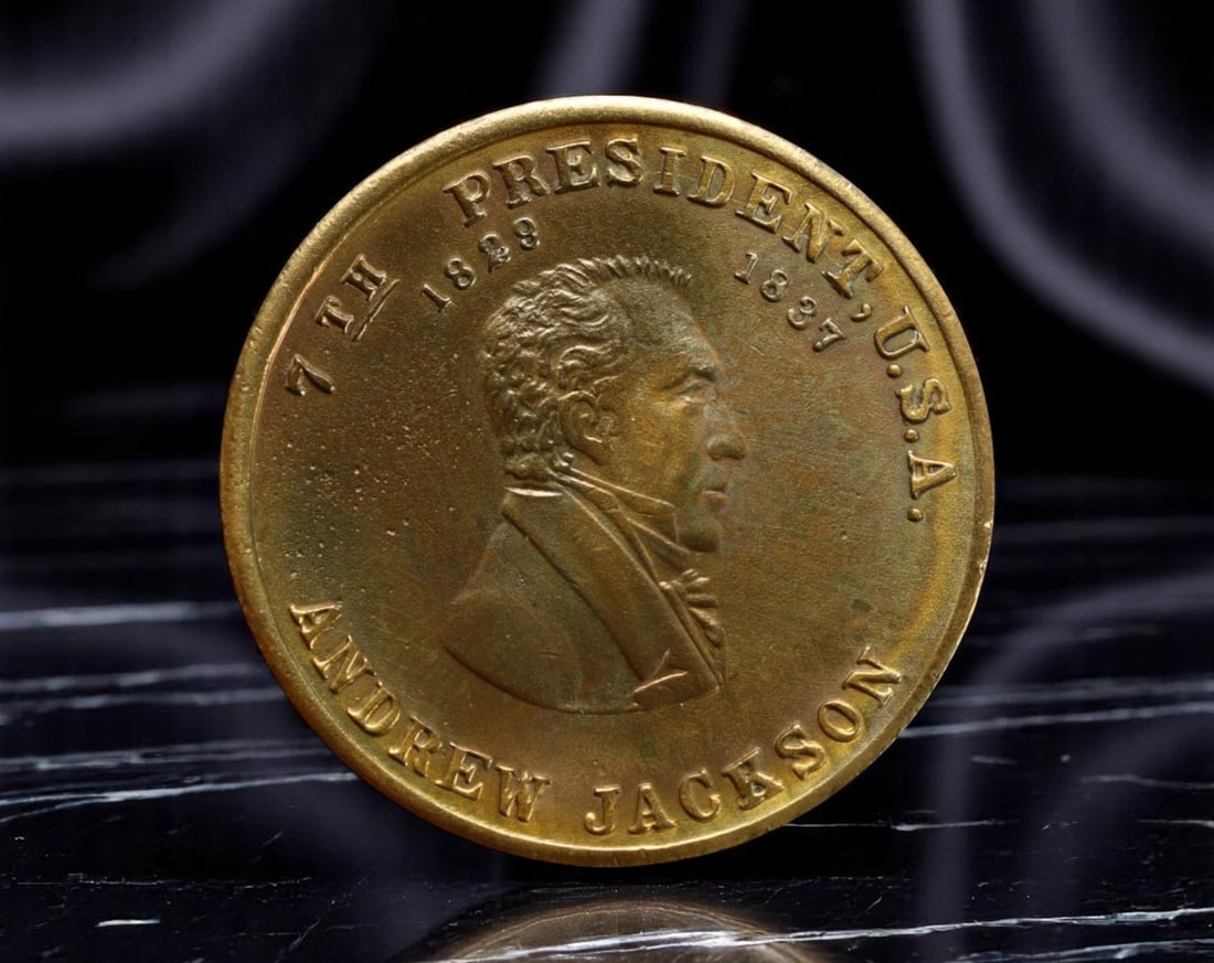 USA:Heroic Resolve - Andrew Jackson ''Old Hickory'' Brass-Tone Presidential Medal,c.20th Century,: This brass-tone 26mm medal pays tribute to Andrew Jackson, the seventh President of the United States, immortalizing his image and populist legacy. The obverse features a strong profile bust, marked b