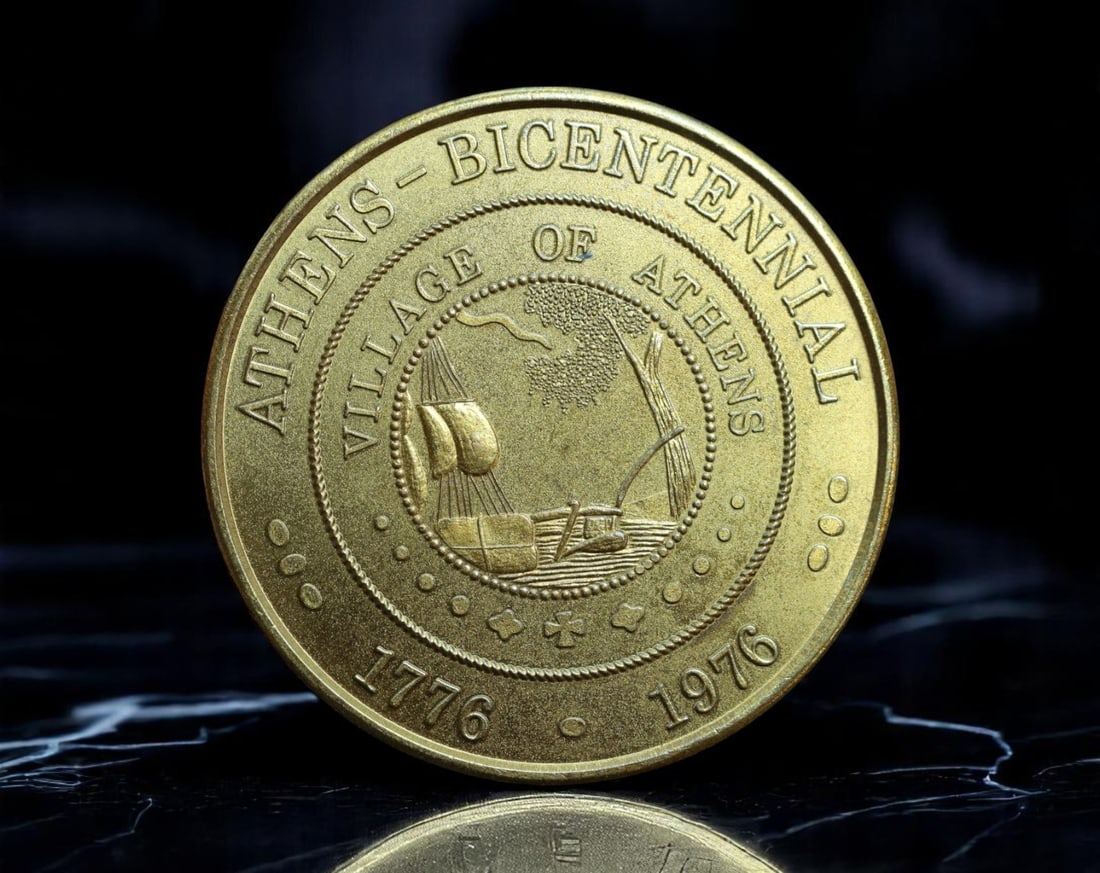UNITED STATES: Village of Athens - Bicentennial Commemorative Coin, 1976 (40mm): Issued in 1976 to mark the American Bicentennial, this large-format commemorative coin celebrates the Village and Town of Athens, nestled in Greene County, New York. The obverse displays a charming de