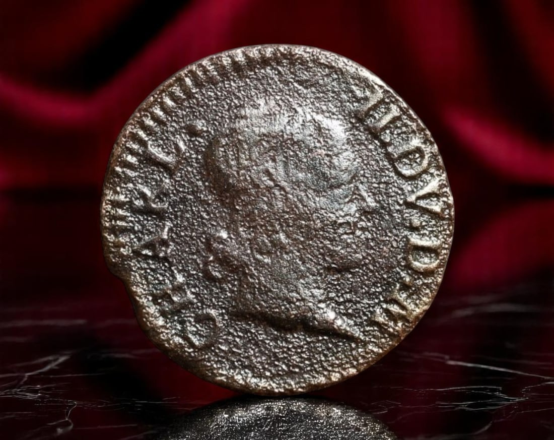 FRANCE: Charles II of Nevers - Denier Tournois Regional Coin, 1632, 16mm: Struck during the brief rule of Charles II of Nevers, this diminutive Denier Tournois offers a rare glimpse into the local seigneurial coinage that coexisted alongside royal emissions. The obverse fea