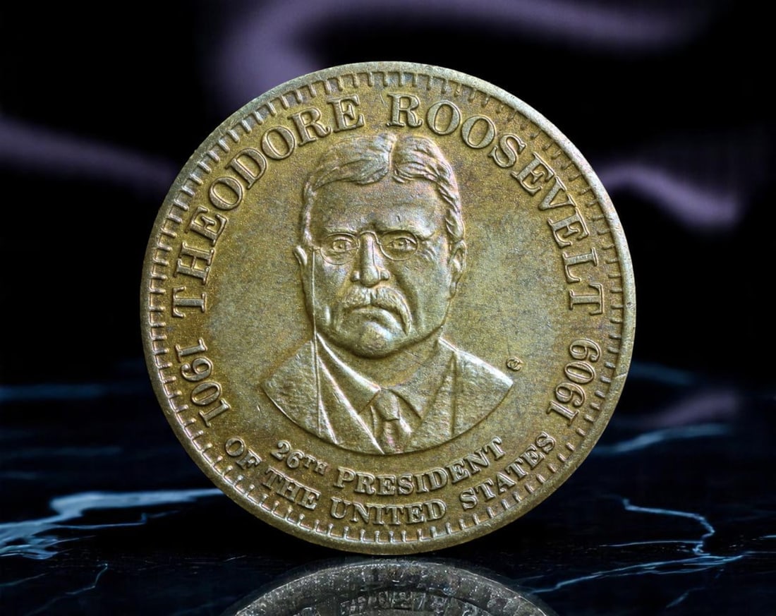 UNITED STATES: Theodore Roosevelt - 26th President Commemorative Coin, 1901-1909 (32mm): This unofficial commemorative coin celebrates the legacy of Theodore Roosevelt, 26th President of the United States, and one of the most transformative leaders in American history. Featuring a sharp p