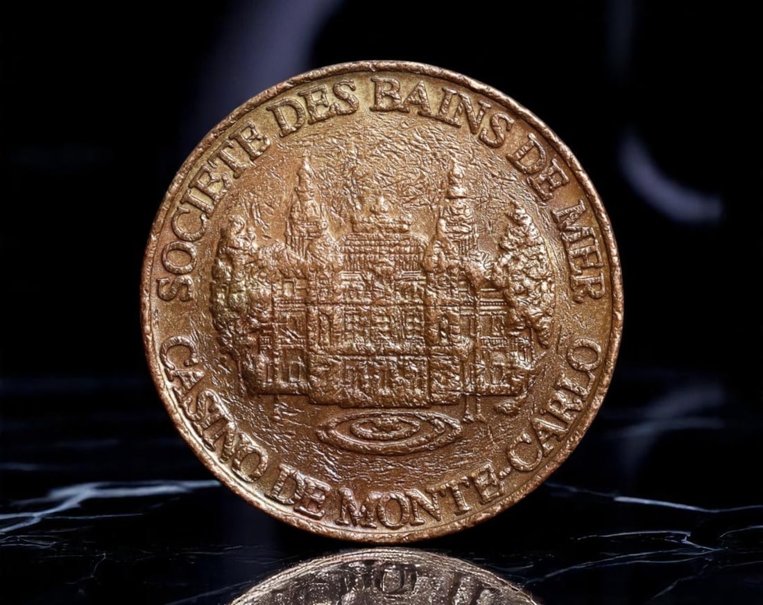 MONACO: Belle Epoque Grandeur - Casino de Monte-Carlo SBM Gaming Token, ND (c.1930s), 26mm: Steeped in opulence and Old World glamour, this 10-unit brass token issued by the SociEtE des Bains de Mer evokes the mystique of the legendary Casino de Monte-Carlo. Its obverse boasts a detailed ren