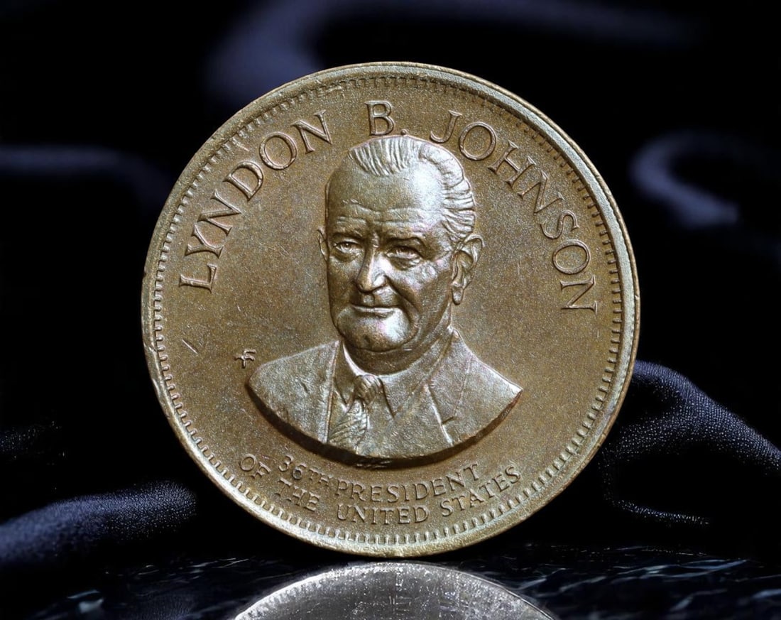 USA: The Great Society - Lyndon B. Johnson Presidential Medal, c.20th Century, 26mm: This 26mm brass-tone medal pays homage to Lyndon B. Johnson, the 36th President of the United States, whose legacy is inseparable from civil rights reform and sweeping social initiatives under the ''G