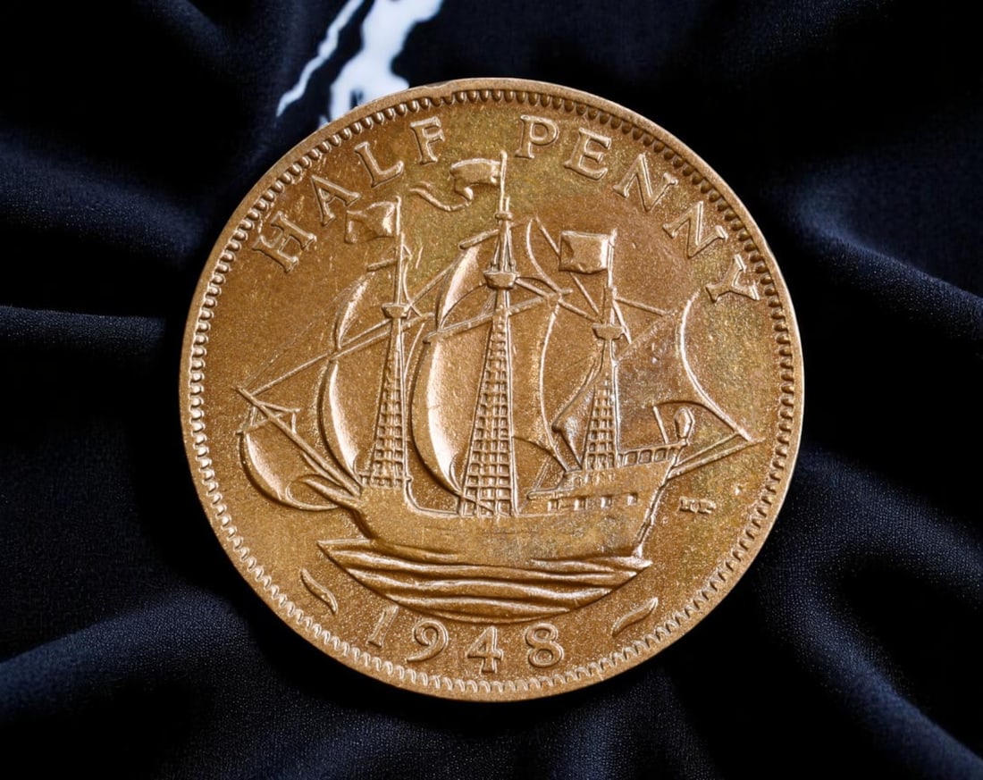 UNITED KINGDOM: George VI - Empire Maritime Legacy Half Penny Coin, 1948, 25mm: Struck during the reign of King George VI, this 1948 British half penny radiates themes of exploration and imperial reach. The obverse features the dignified portrait of the monarch with the Latin leg