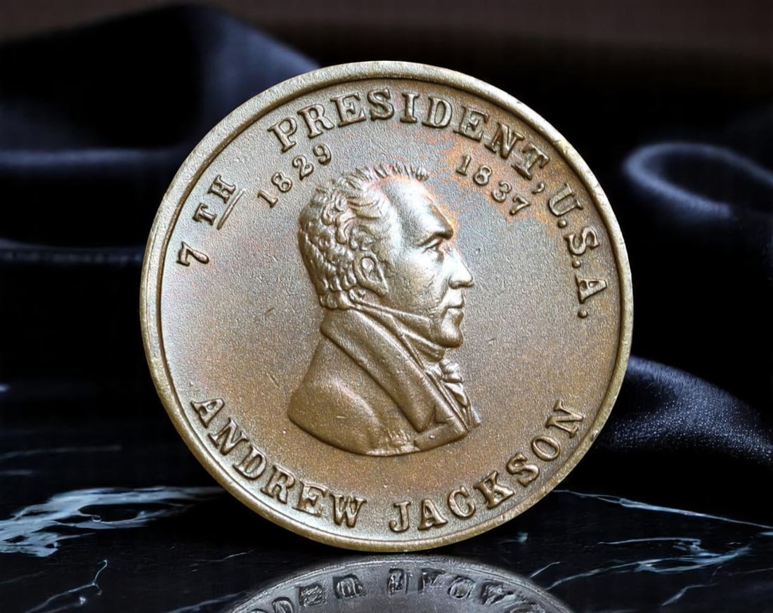 USA: The People's General - Andrew Jackson ''Old Hickory'' Presidential Medal, c.20th Century, 26mm: This vintage 26mm medal honors Andrew Jackson, the 7th President of the United States (1829-1837), and celebrates his legacy as a populist warrior and national icon. The obverse bears a classical prof
