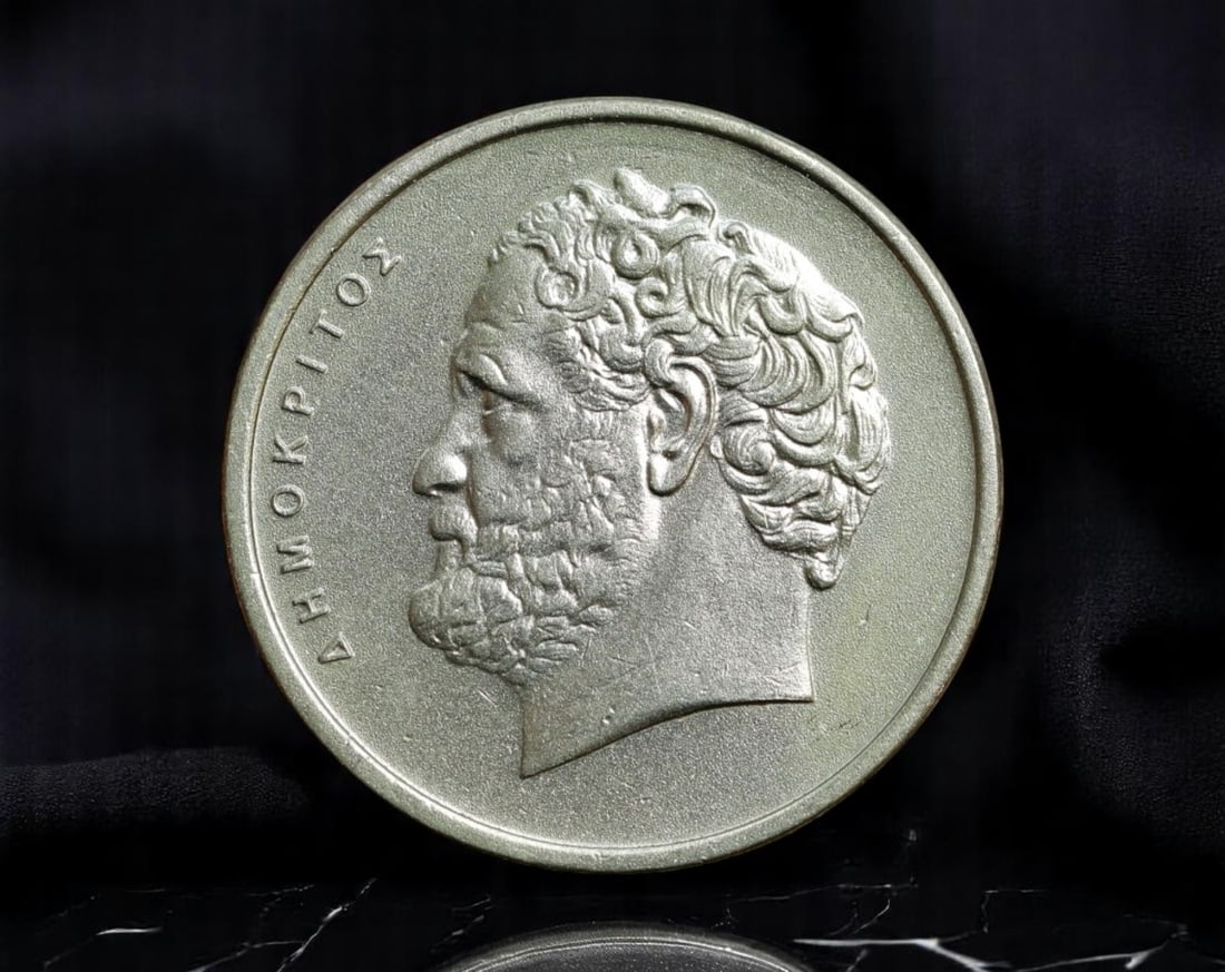GREECE: Science and Civilization - Democritus Commemorative 10 Drachmai Coin, 1976, 26mm: This striking 10 Drachmai coin, issued in 1976 by the Hellenic Republic, elegantly bridges the ancient and modern worlds by honoring Democritus-the father of atomic theory. His profile is rendered in 