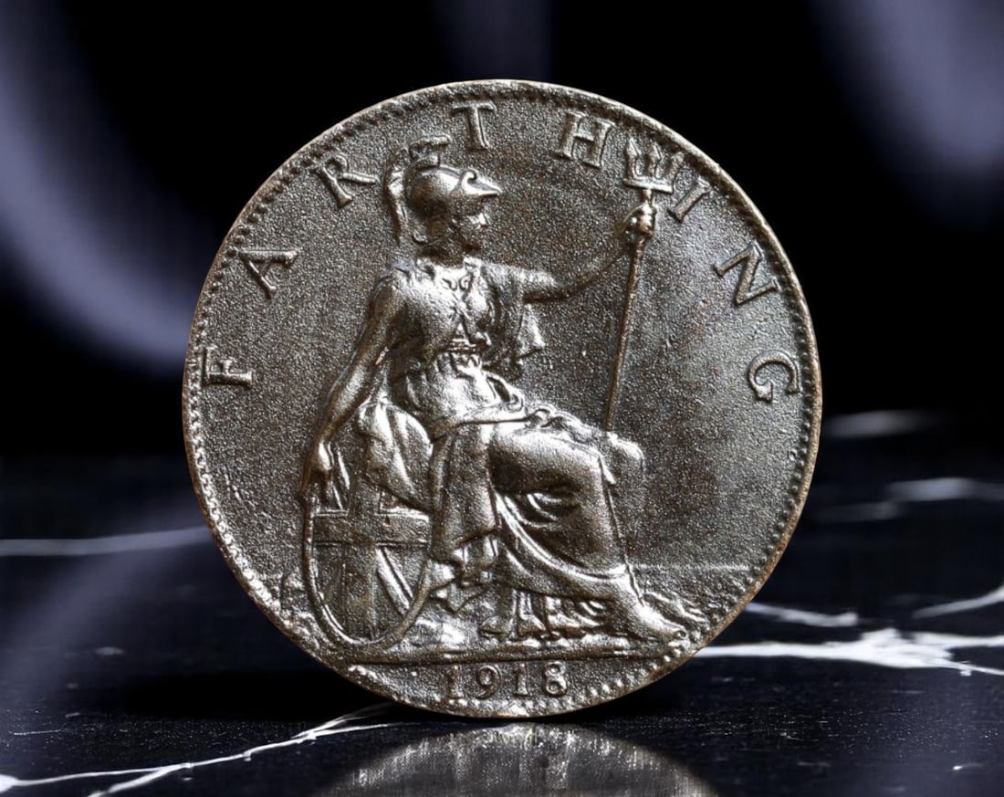 GREAT BRITAIN: King George V - Britannia Endurance Farthing Coin, 1918, 20.1mm (1 of 2)