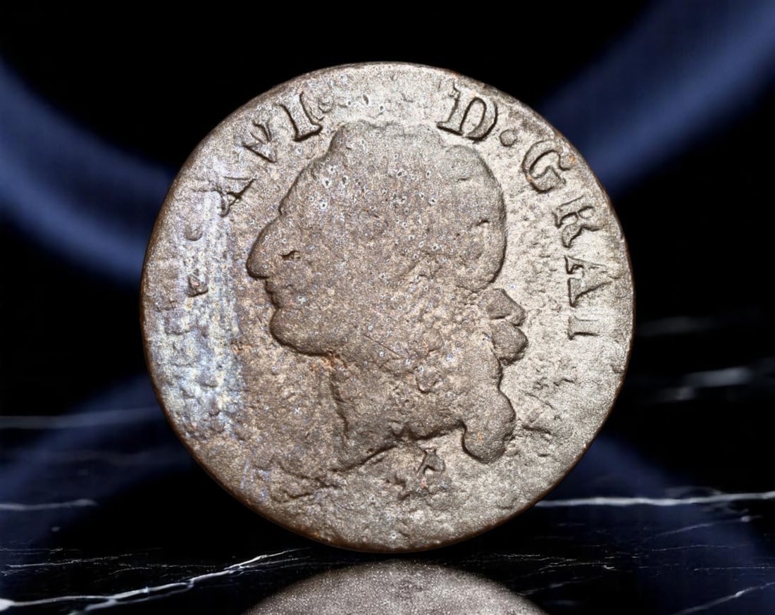 FRANCE: Louis XVI - Royal Arms Transition Liard Coin, circa 1780s, La Rochelle Mint (H), 21mm: Issued in the waning days of the French monarchy, this copper liard from the La Rochelle Mint reflects a kingdom on the cusp of revolutionary change. Bearing the profile of Louis XVI with the abbrevia