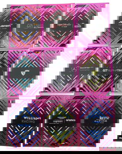 F1 Turbo Attax: 9-Card Pink Parallel Lot - Full Constructor Team Set, 2021 EN: This complete 9-card pink foil lot from the 2021 Topps F1 Turbo Attax series features all ten official Formula One constructors, excluding Red Bull which is typically found as a short-printed insert.