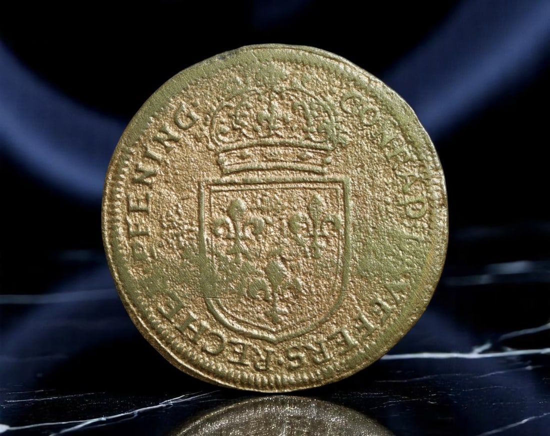 GERMAN STATES/NUREMBERG: Louis XIV - Sovereign Authority Brass Counter Token, c.1658-1711, 28.2mm: Struck in the famed Free Imperial City of Nuremberg, this brass counter token pays homage to Louis XIV, the Sun King, embodying the grandeur of absolutist sovereignty that dominated European thought. 