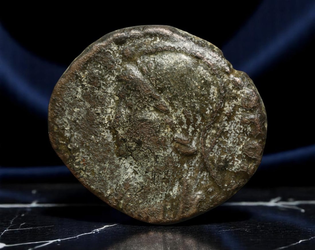 ROMAN EMPIRE: Ancient AE Coin Bronze Issue, 15mm: Issued during one of the most transformative epochs of the Roman Empire, this bronze coin embodies the endurance and adaptability of Roman statecraft across centuries. Its compact flan and timeworn su