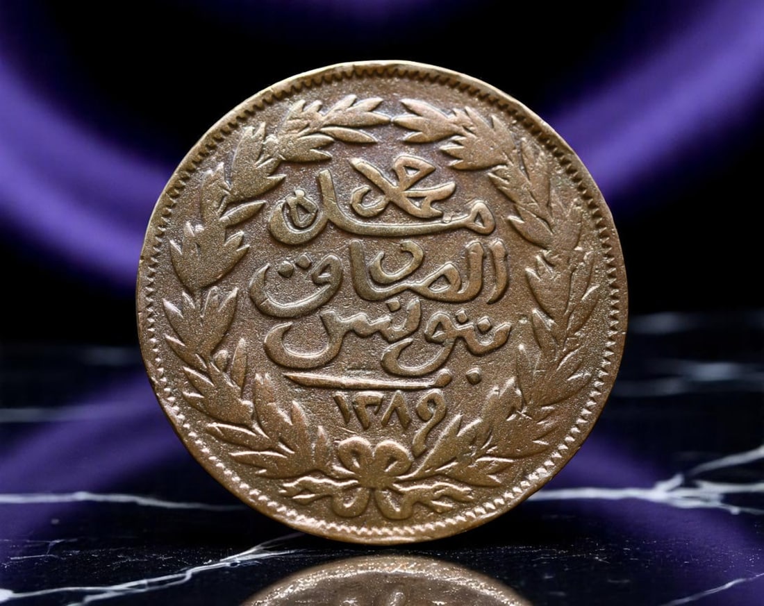 TUNISIA: Ottoman Legacy - Abdul Aziz Bey Era Kharub Coin, AH1289 (1872 AD), 31mm: Struck at the crossroads of North African tradition and Ottoman imperial influence, this 31mm Kharub coin from Tunisia under Abdul Aziz Bey represents a vivid testament to an era of regional assertion