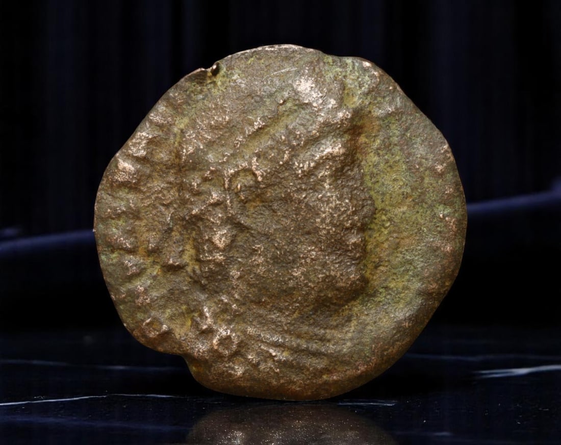 ROMAN EMPIRE: Ancient AE Coin Bronze Issue, 17mm: Issued during one of the most transformative epochs of the Roman Empire, this bronze coin embodies the endurance and adaptability of Roman statecraft across centuries. Its compact flan and timeworn su